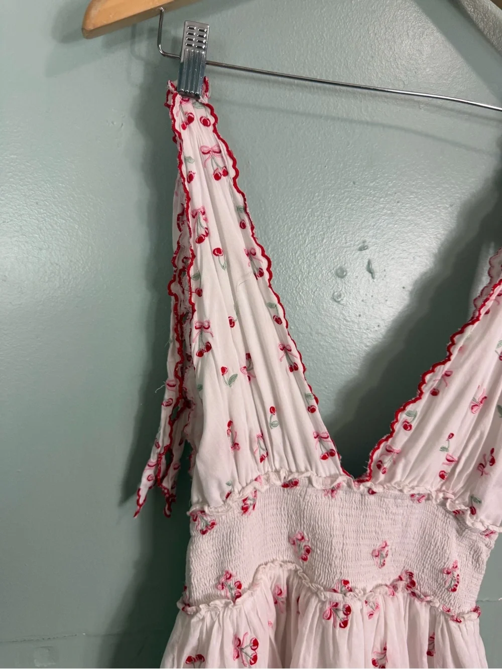 LoveShackFancy Soira Mini Dress Cherry Print XS Ruffle White Red